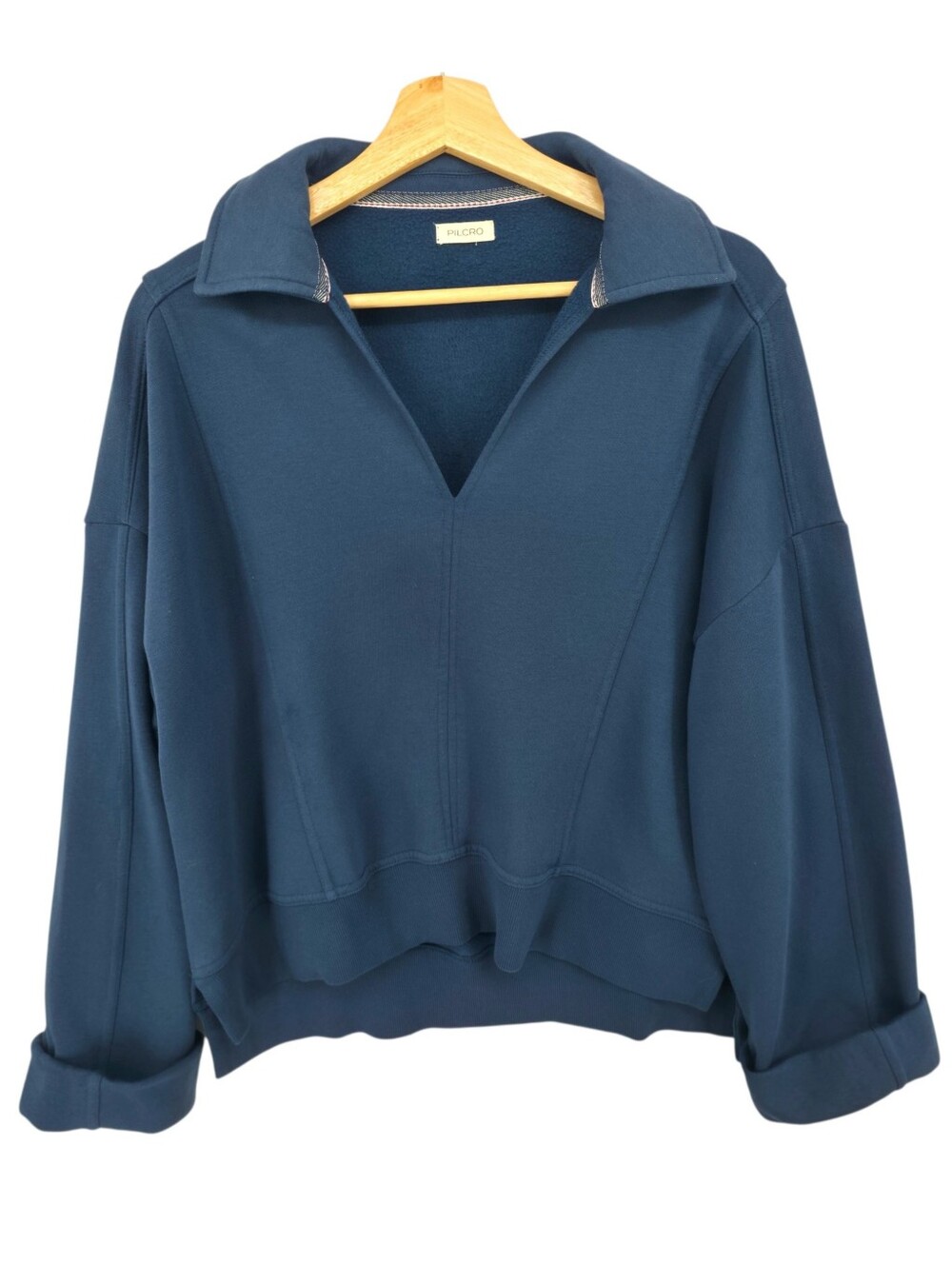Pilcro Johnny Collar Pullover Navy Oversized Sweatshirt Anthropologie Size Large - Picture 3 of 12
